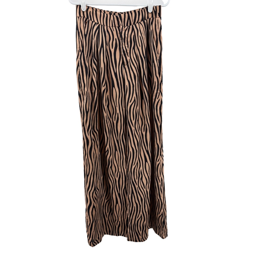 Fashion Nova Zebra silky Black Tan Wide Leg Pants M office casual animal print